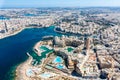 Malta aerial view. Malta from above. Portomaso Business Tower Skyscraper in Paceville district. Royalty Free Stock Photo